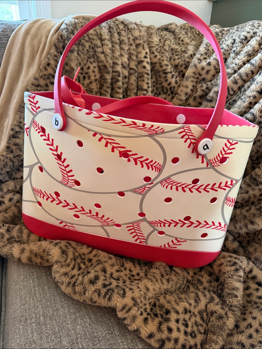 White & Red Baseball-Print Tote Bag